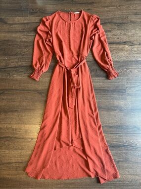 Textured Rust High-Low Maxi Dress with Tie Waist